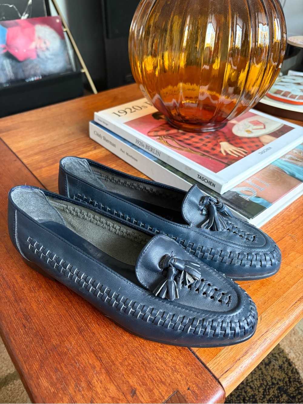 Vintage Marks & Spencer Navy Tassel Woven Leather Loafers for Women size 7